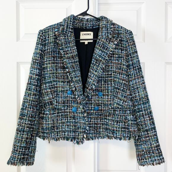 L'Agence Brooke Double Breasted Fringe Tweed Open Front Blazer Blue Multi 10 - Picture 5 of 8